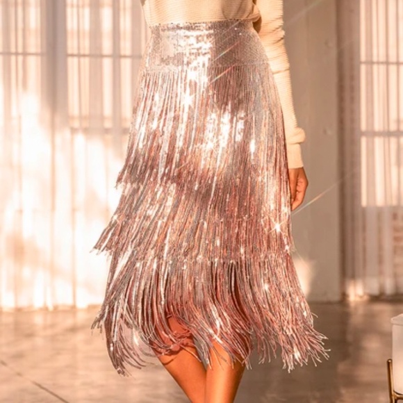 Lulus Dresses & Skirts - NWT Lulus Radiant  Rose Gold Sequin Fringe Midi Skirt - Size Small - High-Rise